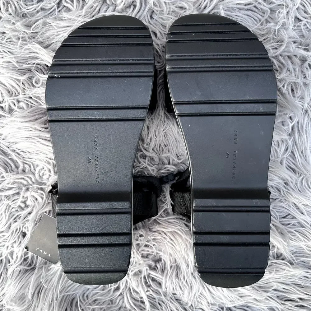 NWT Zara Trafaluc Chunky Platform Sandals Black White Adjustable Strap Womens 40